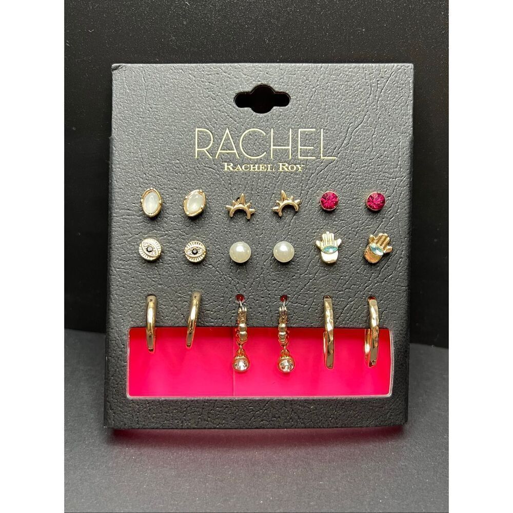 New! RACHEL Rachel Roy Multi Pair earring Set Stud Hoop Gold Tone Hamsa Evil Eye